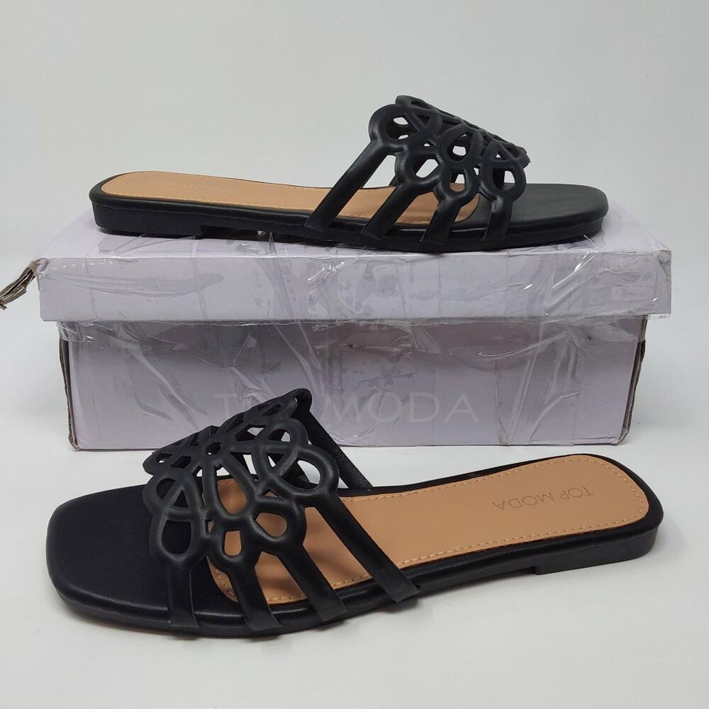 Top Moda Cayla 1 Women's Black Cutout Slide Sandals Size 9 Flat Slip On